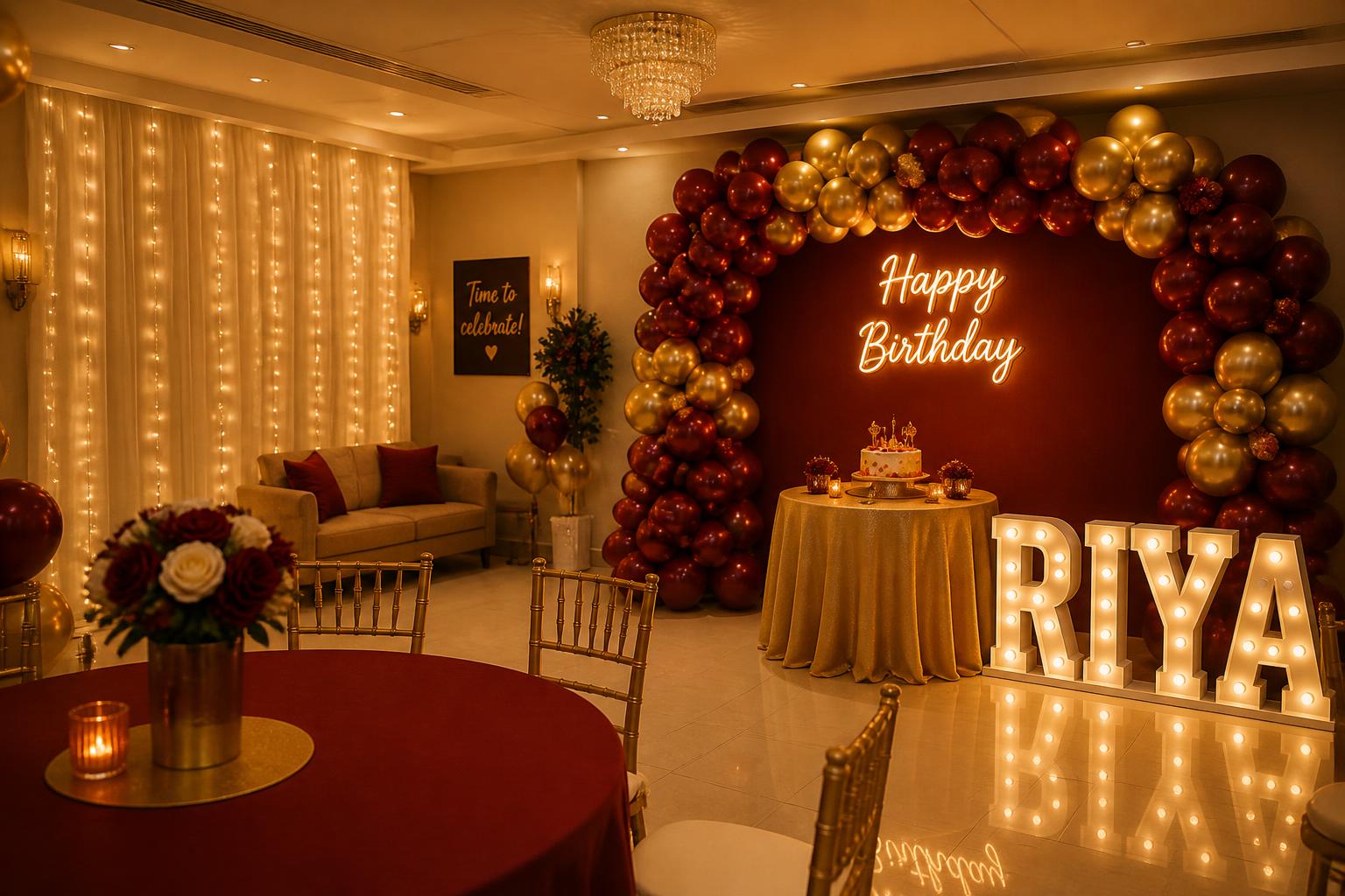 Mini party hall decorated with a balloon arch, cake table and lights